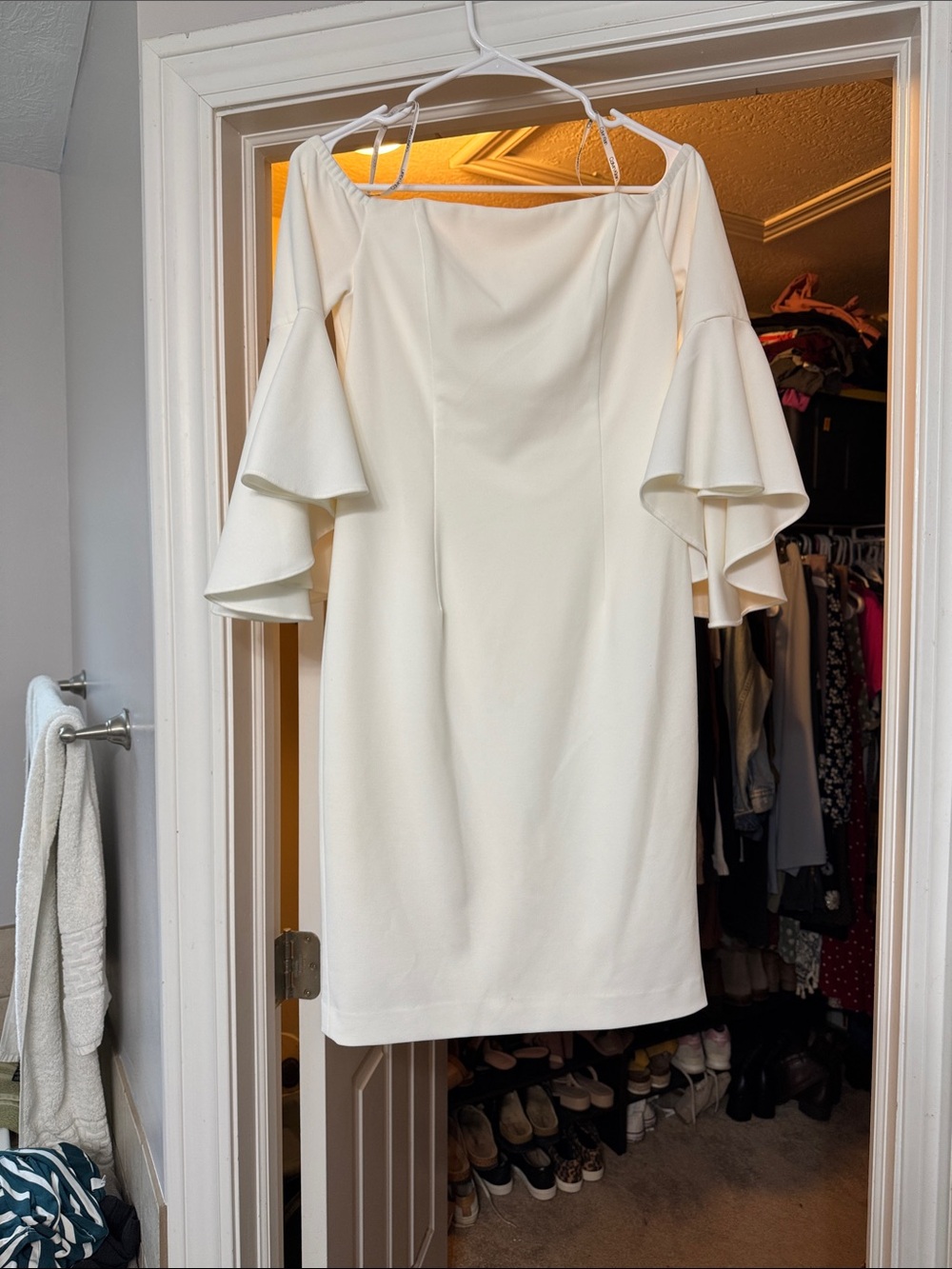 Women's Calvin Klein Cream Off-Shoulder Ruffle Sleeve Dress